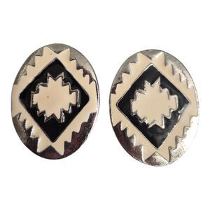 Southwestern Style Oval Earrings Enamel Beige Black Made in USA